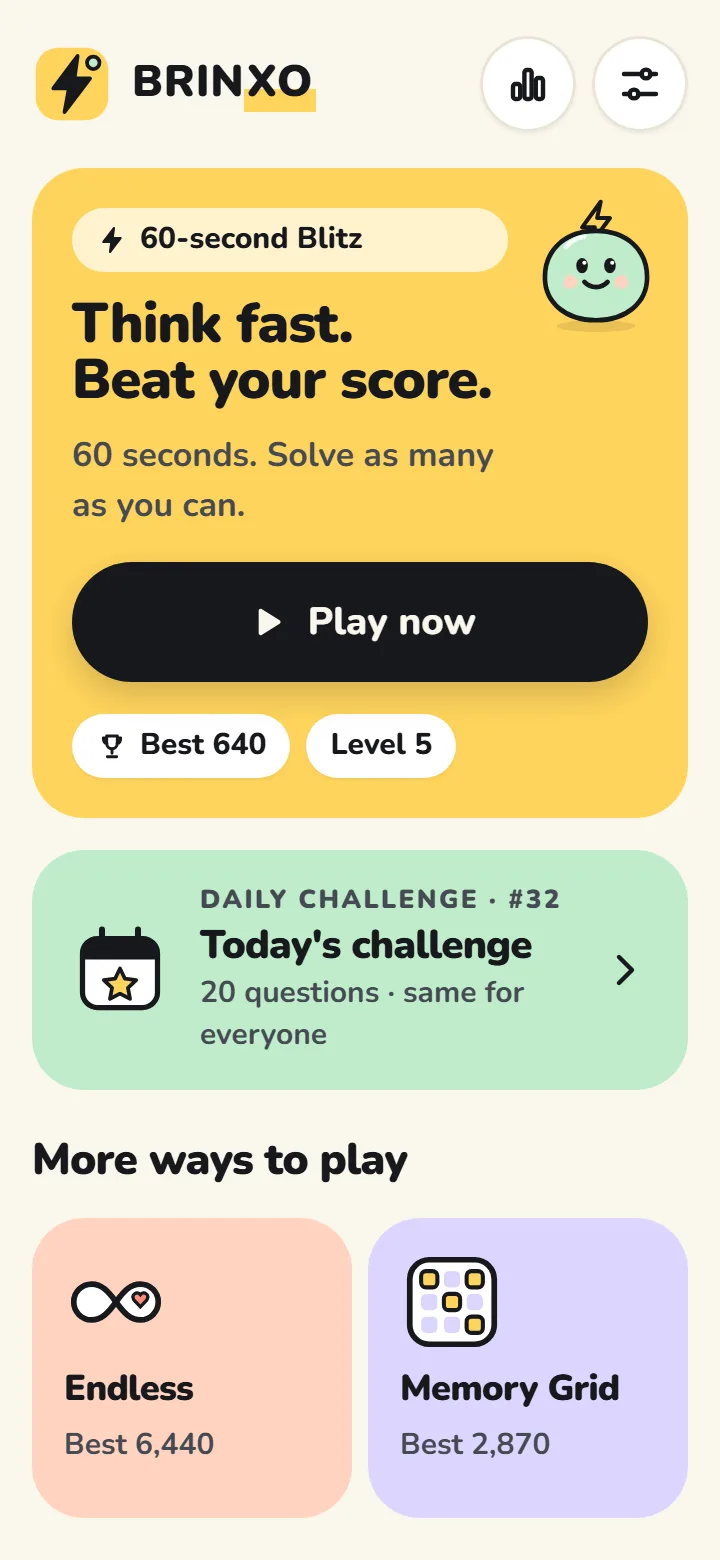 BRINXO home screen with Play button and Daily Challenge