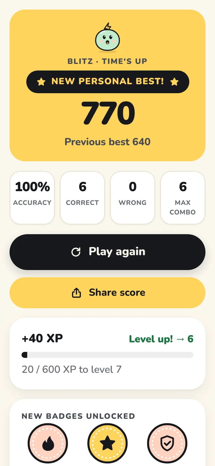 Result screen with score, accuracy and a new personal best